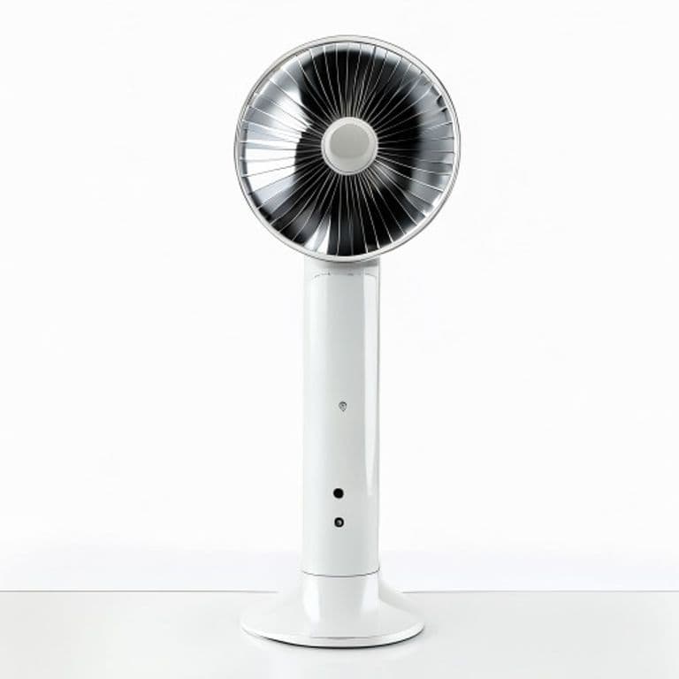 A modern living room with a wall-mounted inverter air conditioner, a bladeless tower fan and a smart thermostat, lit by soft daylight
