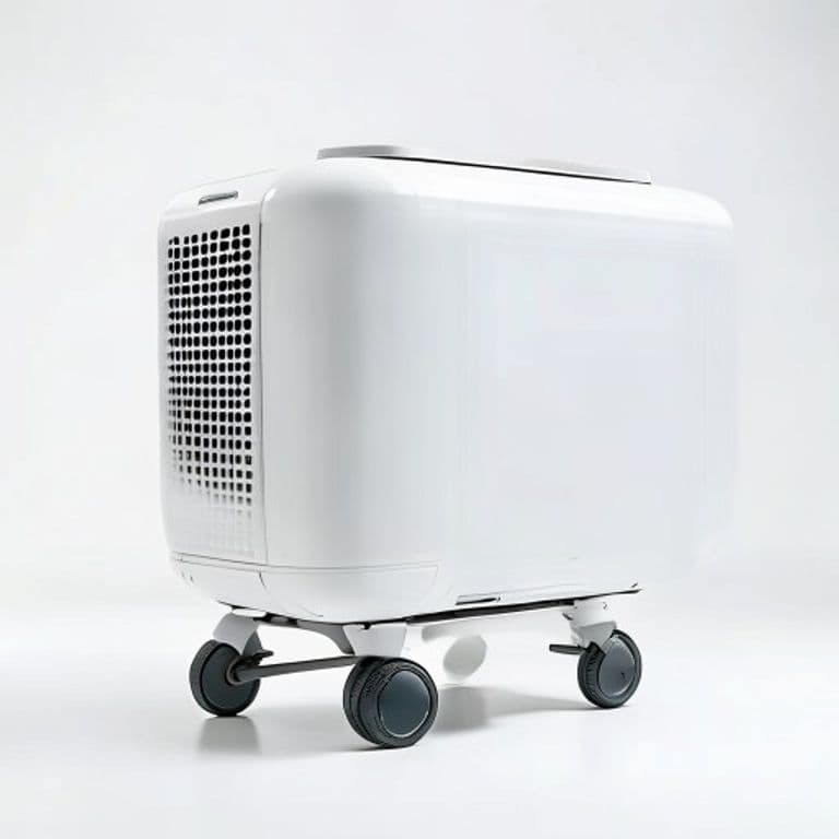 White Oasis evaporative air cooler with water tank on wheels